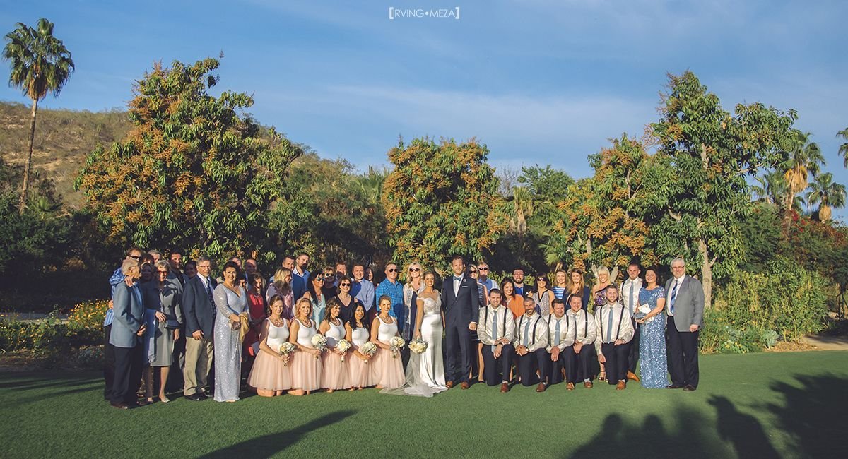 Wedding Ceremony at Flora Farms in Cabo San Lucas Mexico. This is a group photo