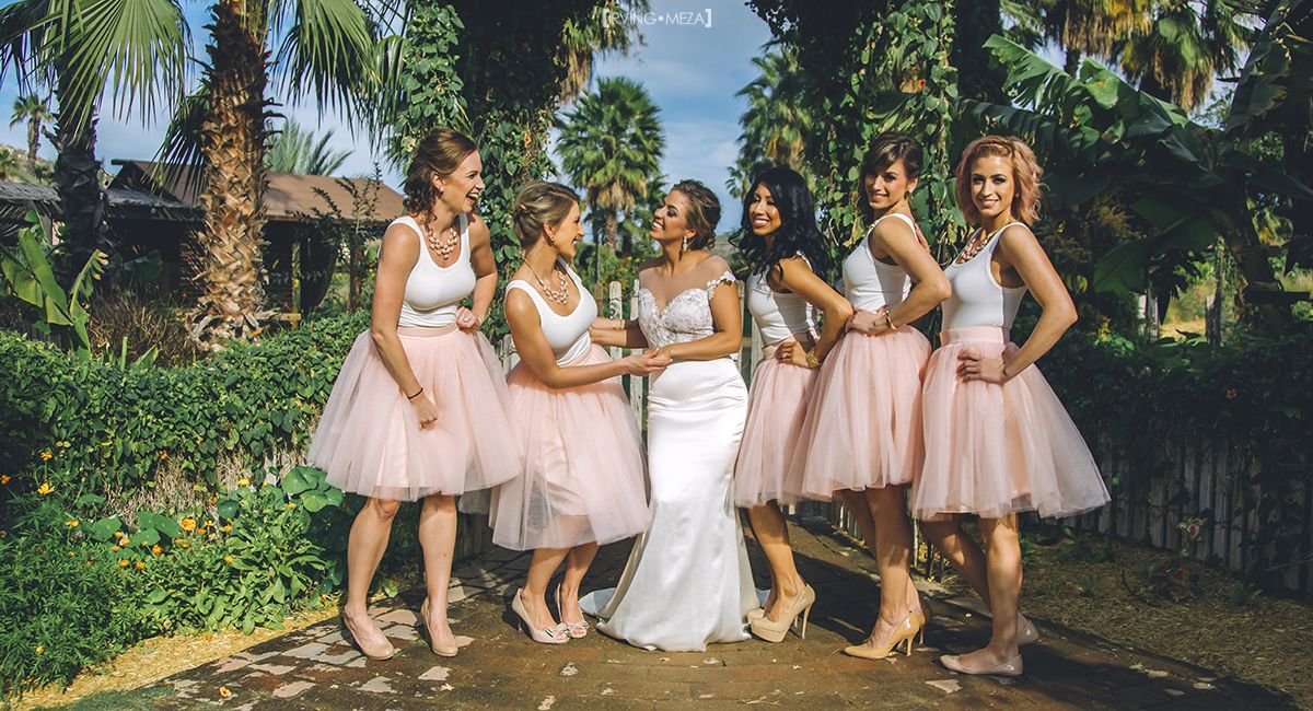 Bride with Bridesmaids at Wedding Venue at Flora Farms in Cabo San Lucas Mexico
