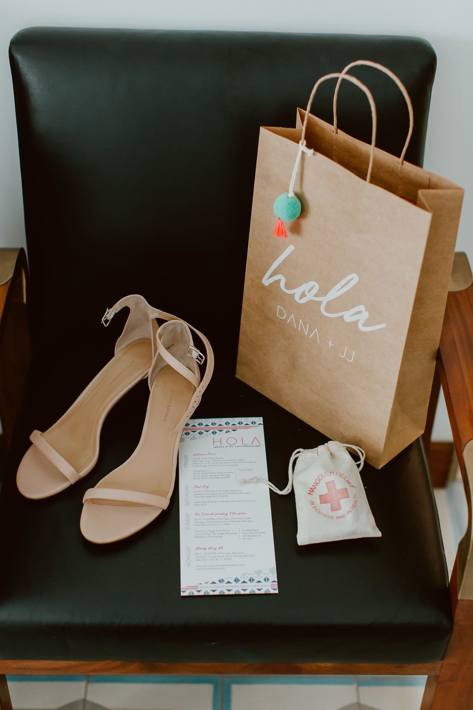 Wedding shoes , Wedding Program, Hangover Kit and Welcome Bag for Brides guests during their wedding day in Cabo San Lucas Mexico, at The Cape