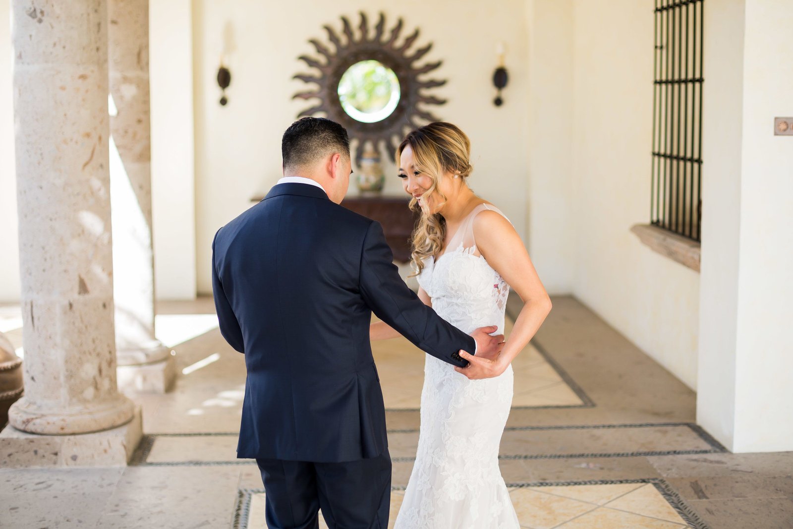 Groom seeing the Bride for the First Time before the Ceremony doing their First Look. The Wedding Venue is at Cabo del Sol, located in Cabo San Lucas Mexico. Wedding Planning by Cabo Wedding Services. The Photographers were Ana and Jerome
