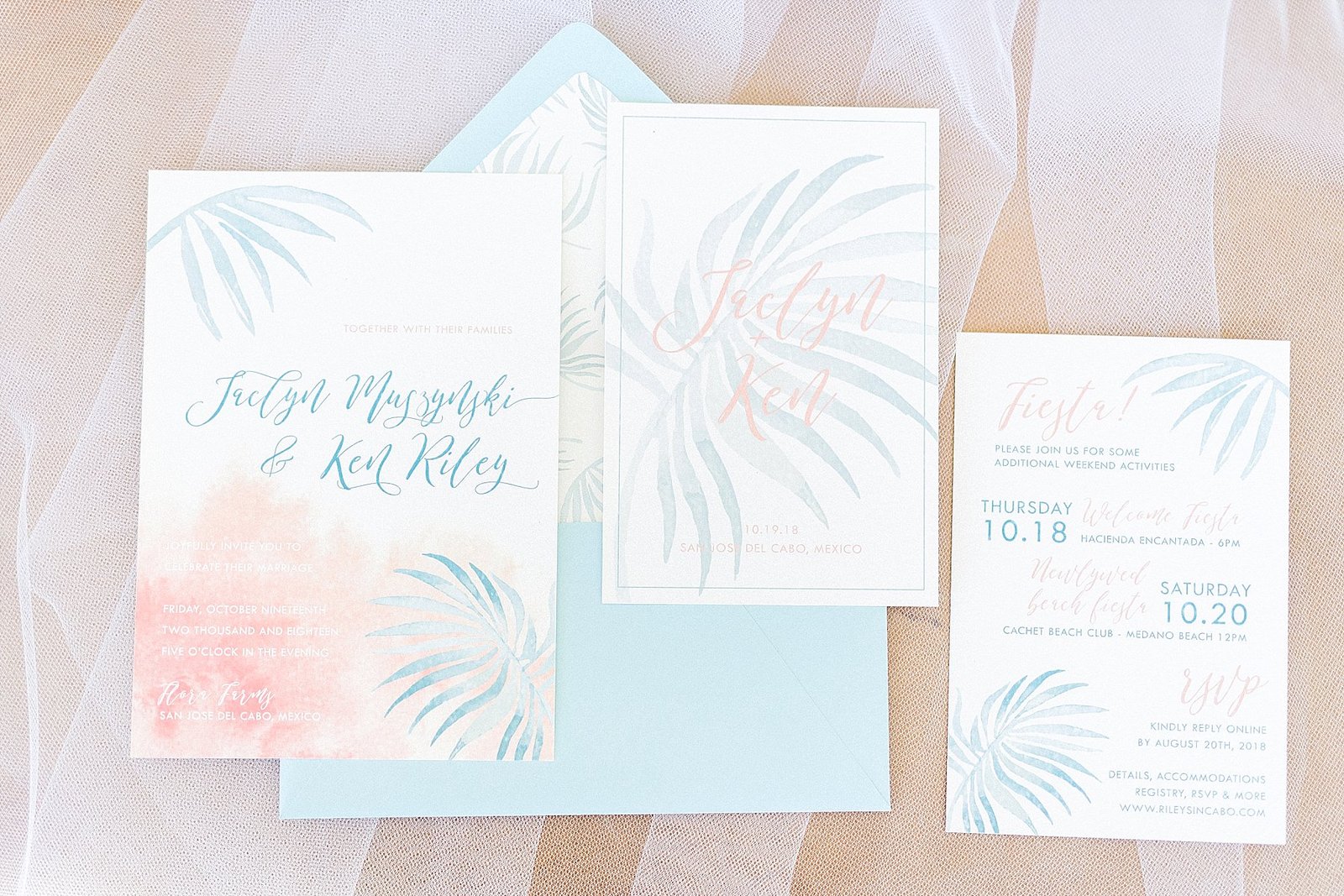 Wedding invitation for Wedding in Cabo San Lucas Mexico. The wedding was at Flora Farms and the Wedding Planners are Cabo Wedding Services with Jesse Wolff
