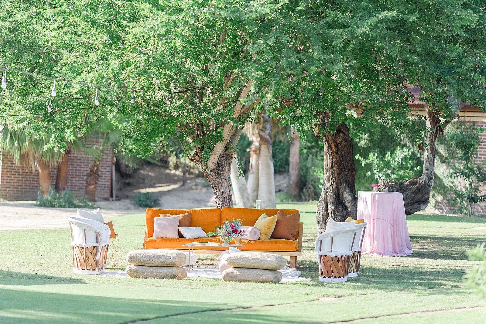 Lounge set-up at Flora Farms in Cabo San Lucas, Mexico. Wedding Planning by Cabo Wedding Services. Wedding Photography by Sara Richardson.