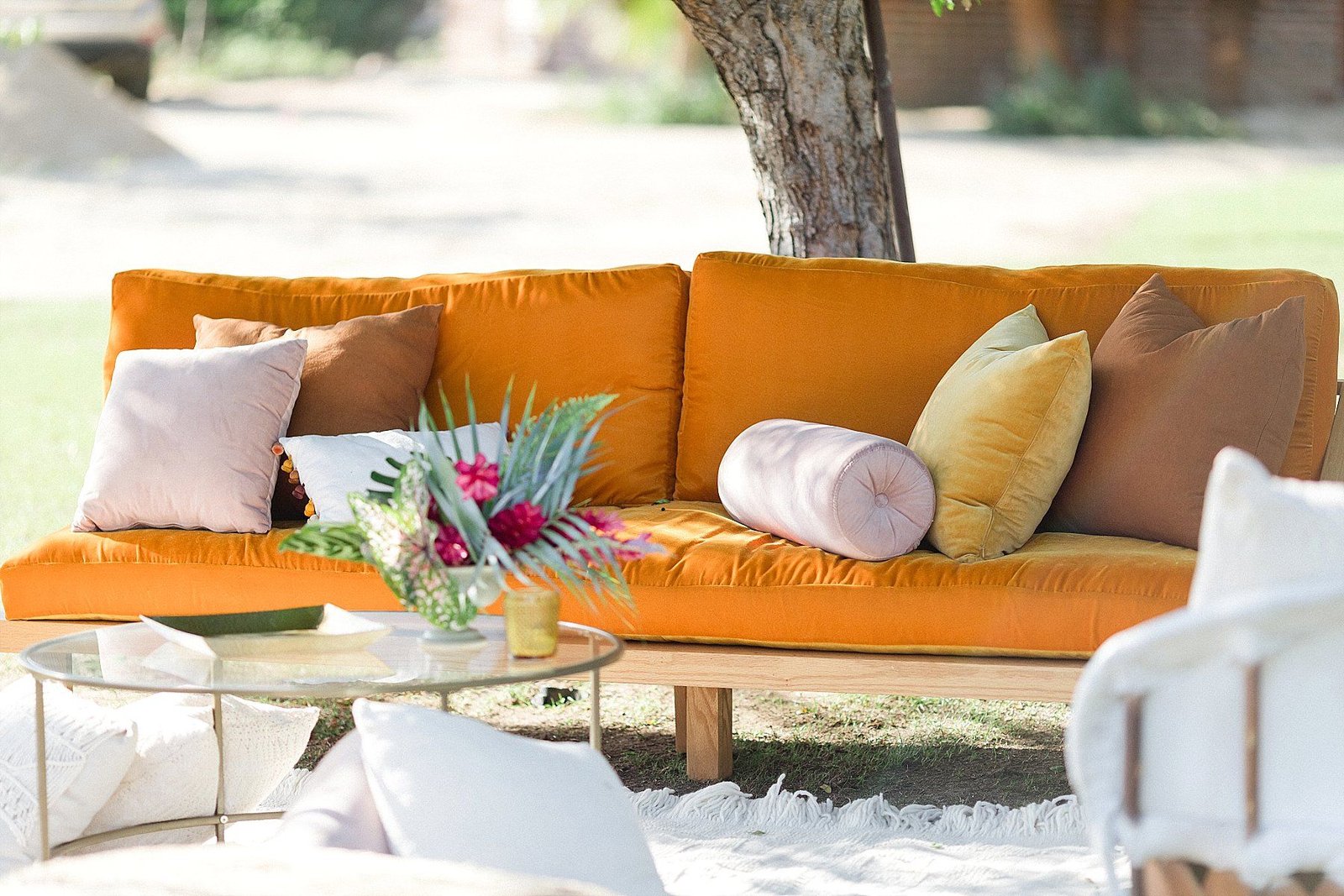 Couch setup at Flora Farms in Cabo San Lucas, Mexico. Destination Wedding Planning by Cabo Wedding Services. Photography by Sara Richardson