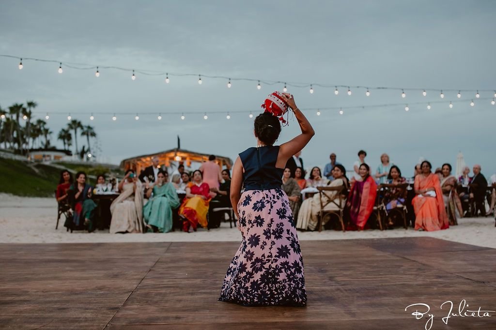Cousin of the Bride dancing during the Sangeet. The Sangeet took place at the Hilton Los Cabos, right on the beach. With 130 friends and family, Anusha and David were able to celebrate their beautiful wedding. Cabo Wedding Services did the Wedding Planning.