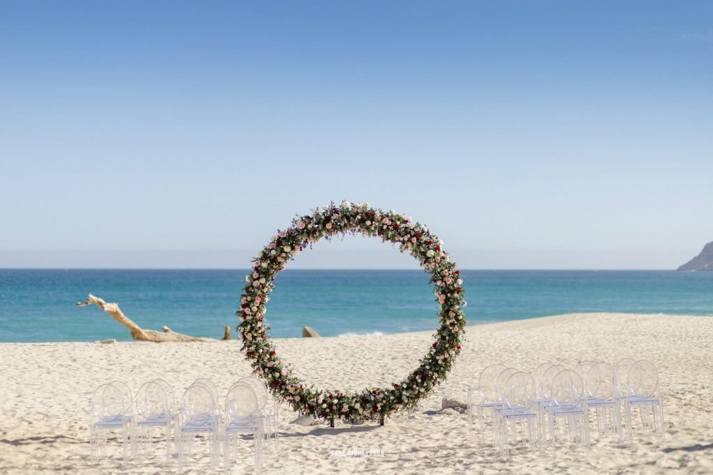 Ceremony alter on the beach in front of the Sea of Cortez Ocean. It was such a beautiful day, the weather was perfect and the skies were blue. Perfect for a Destination Wedding in Los Cabos Mexico