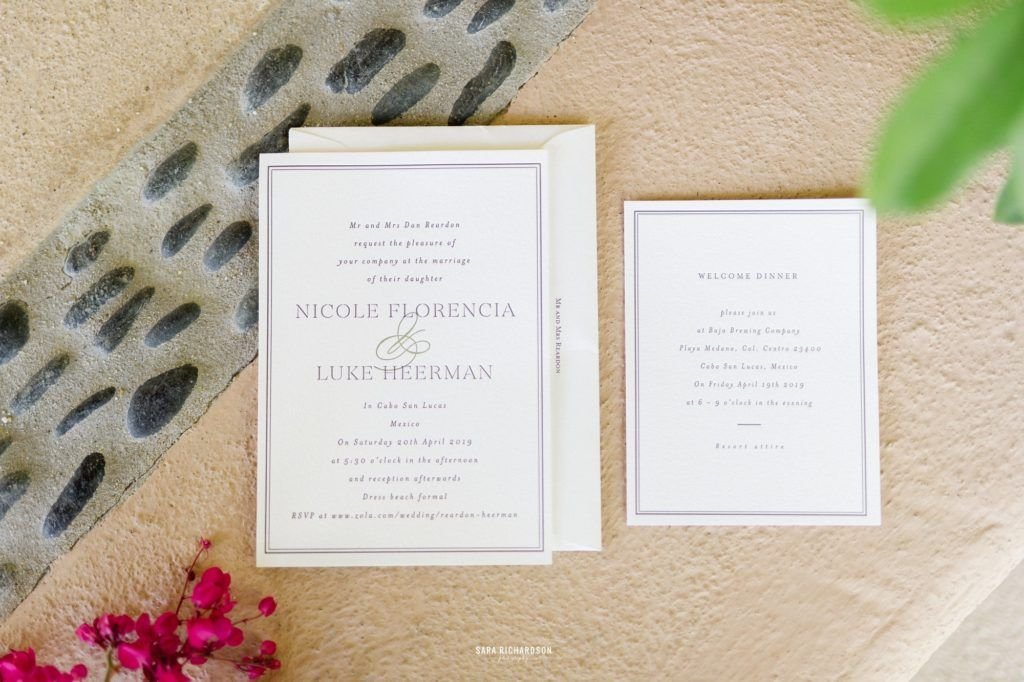 Wedding Invites for Nicole and Lukes Wedding. They decided to get married in Los Cabos, Mexico, and had their wedding at Villa la Roca in Los Cabos. Wedding Planning was done by Cabo Wedding services and Photography by Sara Richardson 