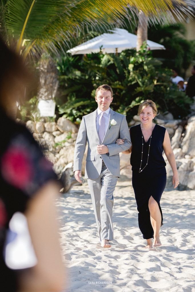 Brother and Mother of Bride walking down the aisle at their Destination Wedding in Los Cabos Mexico. 