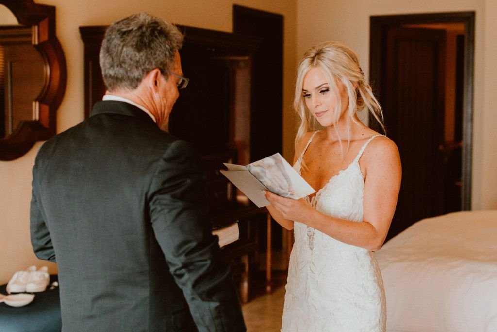 In this photo, we are able to capture the moment where Ariel, our Bride, did a First Look with her Father at the Hotel, prior to arriving to the Wedding Venue in Los Cabos Mexico. She thought it would be a special moment between her and her dad and wanted to make sure she did this. She allocated the perfect amount of time.