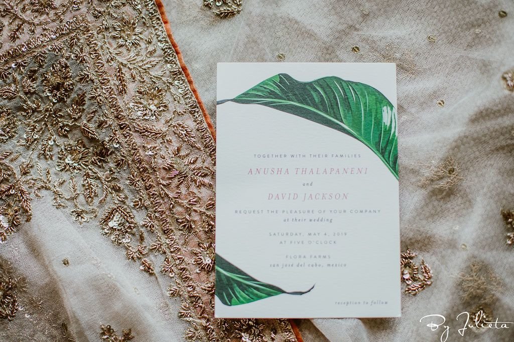 Wedding invites that the bride sent out for her Destination Wedding that took place at Flora Farms.