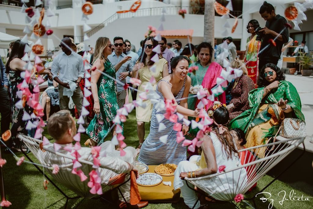Guests having so much fun during the Haldi at Hilton Los Cabos. Wedding Planning was done by Jessica Wolff from Cabo Wedding Services.