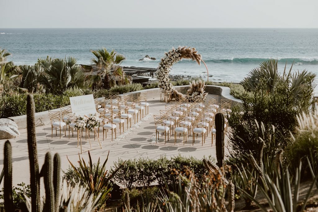 Ceremony location at The Cape hotel in Los Cabos Mexico. The designer was Jessica Wolff and the planning company was Cabo Wedding Services.