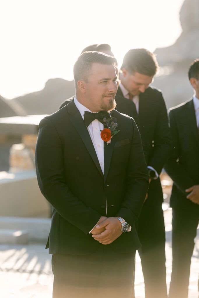 Groom waiting for the bride at Waldorf Astoria in Los Cabos Mexico. Wedding Planning was done by Cabo Wedding Services